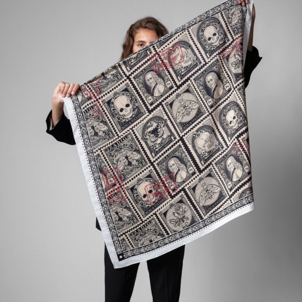 NWT Zadig & Voltaire Lotty Skull Stamp Printed Silk Square Scarf